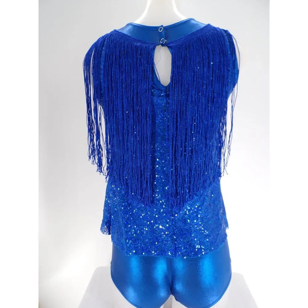 Pre-Owned Dance Costume A Wish Come True 18945 Large Child Blue Fringe Jazz Seq